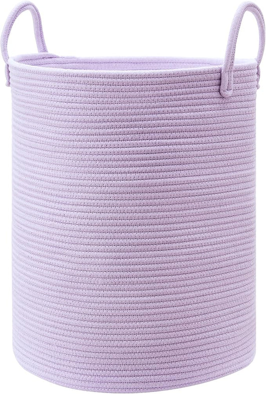 60L Large Purple Hamper Laundry Basket for Nursery Kids Lavender | Tall Woven Blanket Basket for Girls Cotton Rope Lilac Clothes Hamper in Bedroom 15Dx20H inches