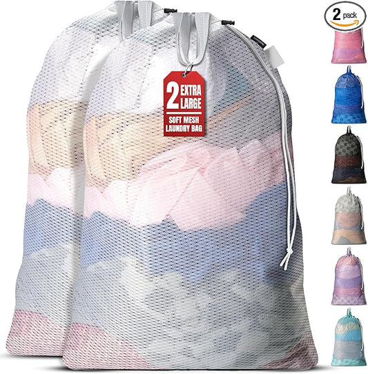 Handy Laundry Mesh XL Laundry Bag 24"x36" 2-Pack with Shoulder Strap, White | 2-Pack, XL 24x36 Mesh Laundry Bag, Handles & Shoulder Strap, Breathable, Machine Washable, Dorm Travel Bedding, White