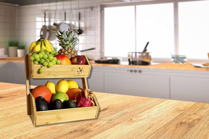 Bamboo Open-Front Stacking Storage Bin -Configurable as 2-Tier Fruit Basket
