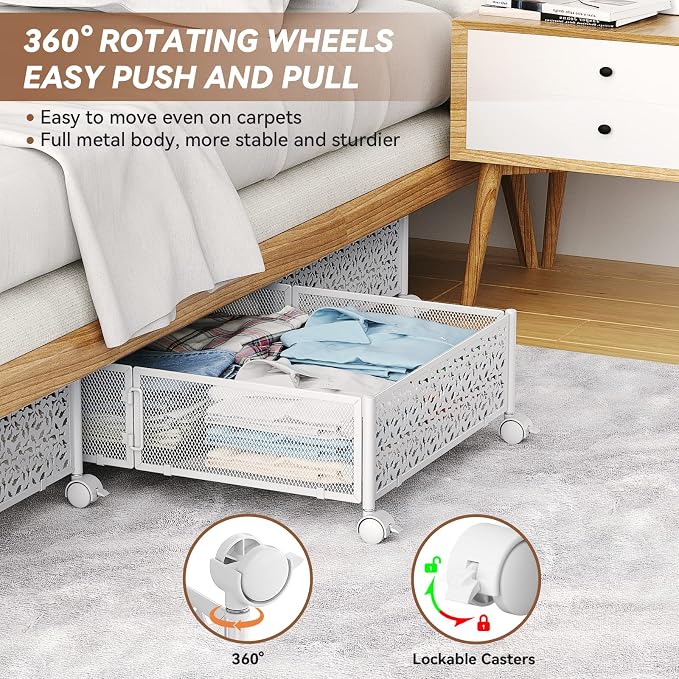PHINOX Under Bed Storage with Wheels,Patterned,Sturdy Metal,4 Pack,White | Tool-free assembly, glide smoothly, easy reach, foldable, maxmazie low-profile beds, dorm, keep seasonal clothes, shoes fresh