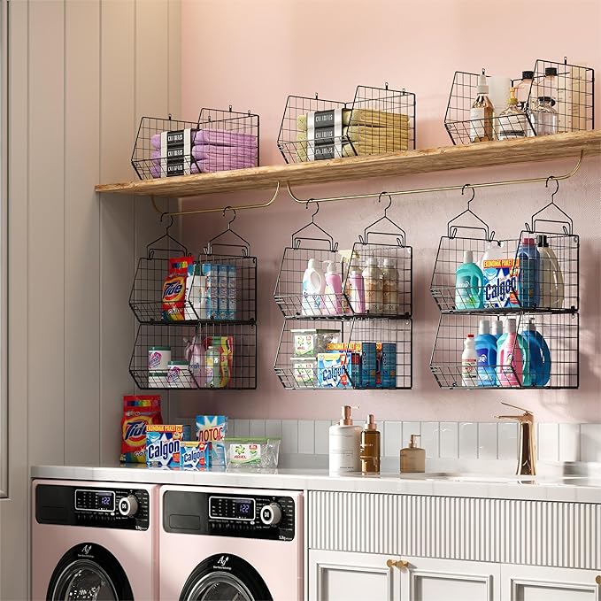 X-cosrack 5 Tier Closet Hanging Organizer, Clothes Hanging Shelves with 4 Hanging Hooks 5 S Hooks, Wire Storage Basket Bins, for Clothing Sweaters Shoes Handbags Clutches Accessories Patent Design