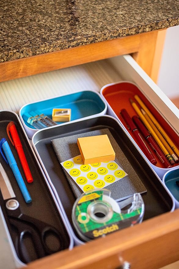 Three by Three Seattle Metal Drawer Organizer Tray Set, 5-Pc, 1" (Gray Mix) | Colorful 1" metal bins; food-safe; soft non-scratch base; kitchen, bathroom, vanity, desk & office drawers