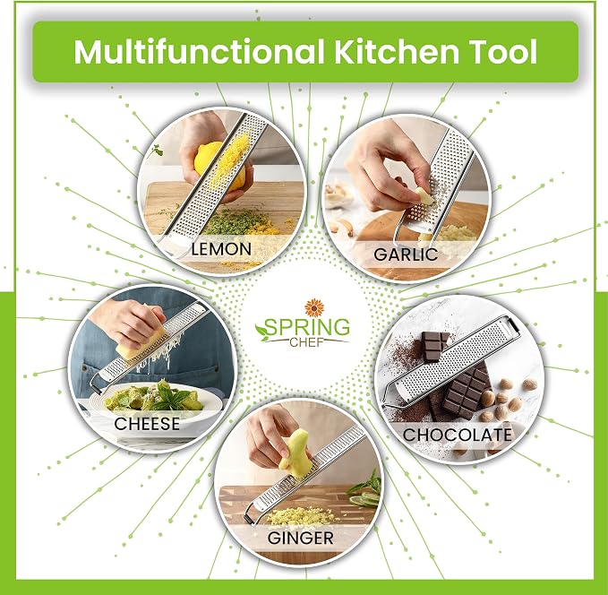Spring Chef Stainless Steel Lemon Zester Grater with Handle - Garlic, Cheese, Parmesan, Nutmeg, Lime, Ginger Grater - Heavy Duty Kitchen Tool - Citrus Zester with Blade Cover - Fine Shred - Mint