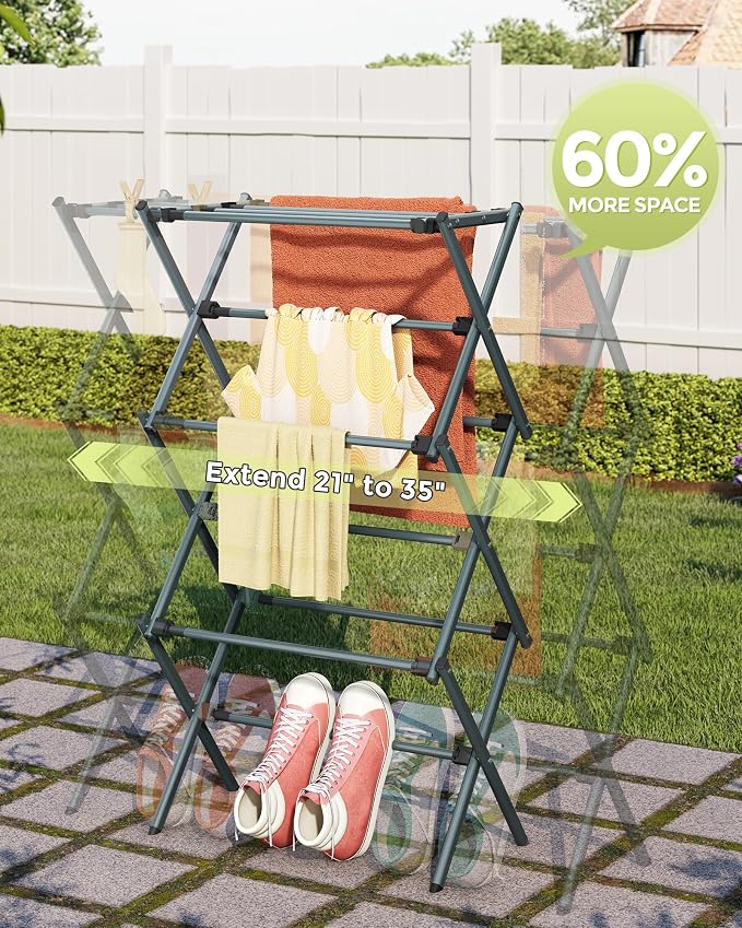 APEXCHASER 3-Tier Foldable Clothes Drying Rack, 37.6" H, Navy Blue | Rust-resistant Metal, Tool-free Assembly, Extendable Drying Hanger, Fold Flat to Easy Storage, 11.8" D x 35" W, Holds 24lbs