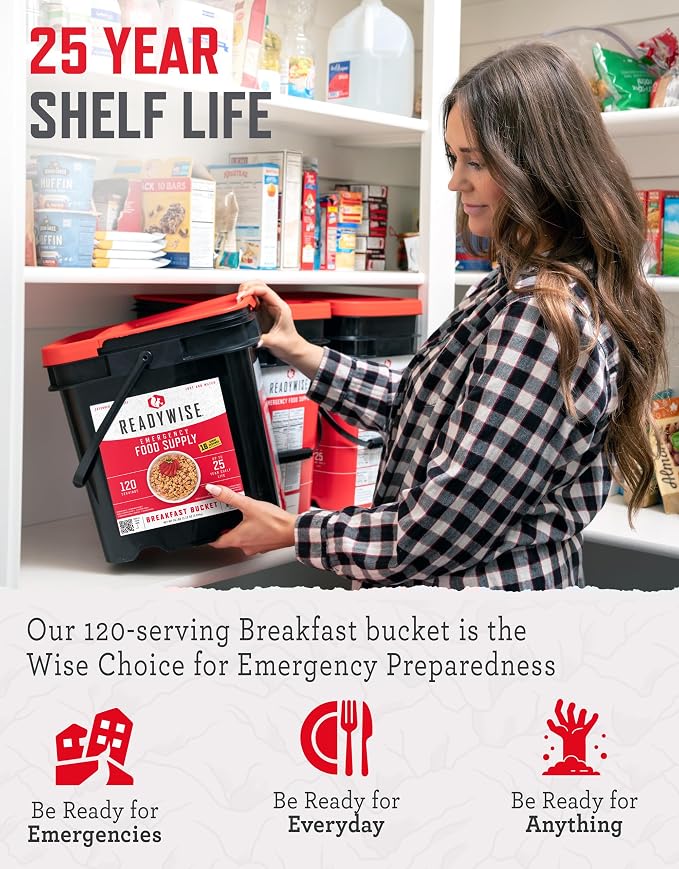ReadyWise Emergency Food Supply - 120 Servings Breakfast Bucket, Freeze Dried & Dehydrated Meals, Survival Food Kit for Backpacking, Camping Essentials & Prepping Supplies, up to 25 Year Shelf Life