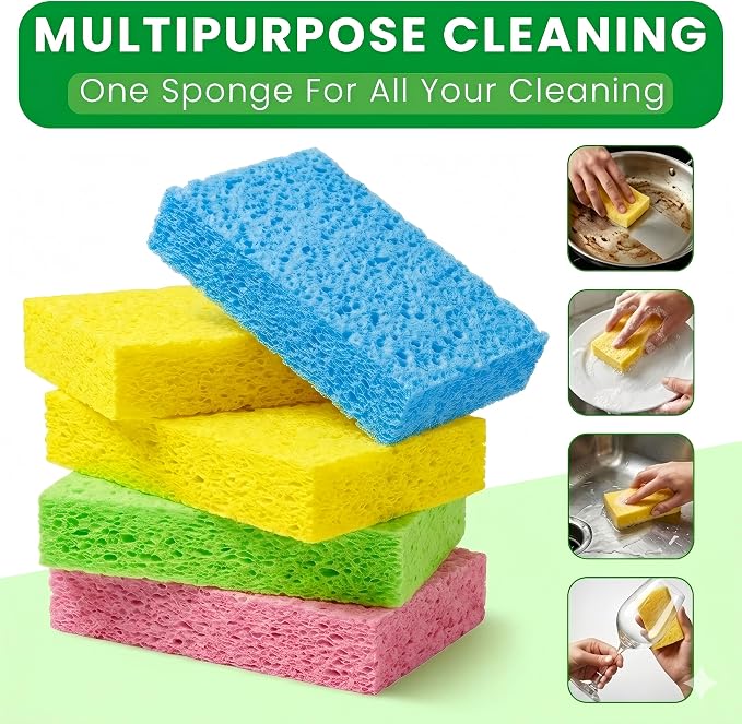 Metflavor Compressed Kitchen Sponges, 24 Count, Thick Non-Scratch Cellulose Dish Sponges, Biodegradable & Compostable, Pop-up Cleaning Sponge, 5" x 3" x 1"