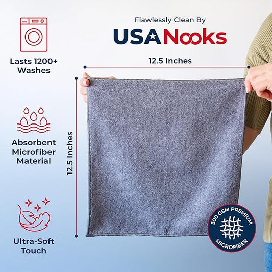 USANOOKS Microfiber Cleaning Cloth Grey - 24 Pcs (12.5"x12.5") - High Performance - 1200 Washes, Ultra Absorbent Microfiber Towel Weave Grime & Liquid for Streak-Free Mirror Shine - Car Washing Cloth