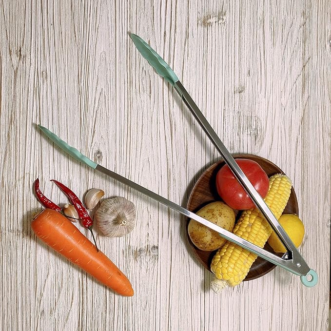 18 inch Extra Long Grill Tongs (1 orange + 1 mint green), with Silicone Tip Head, Stainless Steel Barbecue Tongs with Long Handle, Large Sized Food Tong, Extended Serving Tong