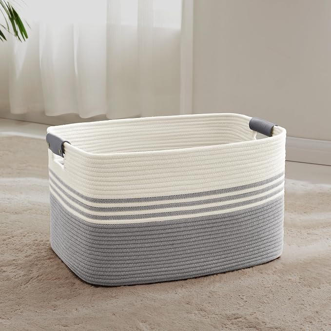 72L Large Woven Laundry Basket Hamper with Leather Handles,Grey | collapsible wicker hamper, storage for dirty clothes, toys, blankets, gifts, living room, bedroom, bathroom, 22"x17"x12"