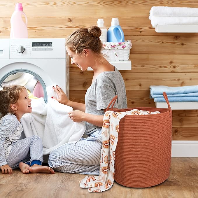 XUANGUO Cotton Rope Laundry Basket Hamper for Clothes Large Rust Red | Baby Nursery Hamper Bin and Woven Storage Basket for Living Room Bedroom Boho Tall Rope Baskets Blankets Toys Pillows Towels