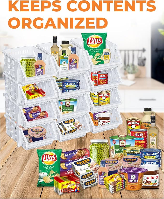 Small Stackable Storage Bins Open Front for Pantry Storage, 12 Pack - White | Sturdy Plastic, Easy Stacking, Open Front Access, Ventilated Sides, Vertical & Space Saving Pantry Organizers and Storage Bin