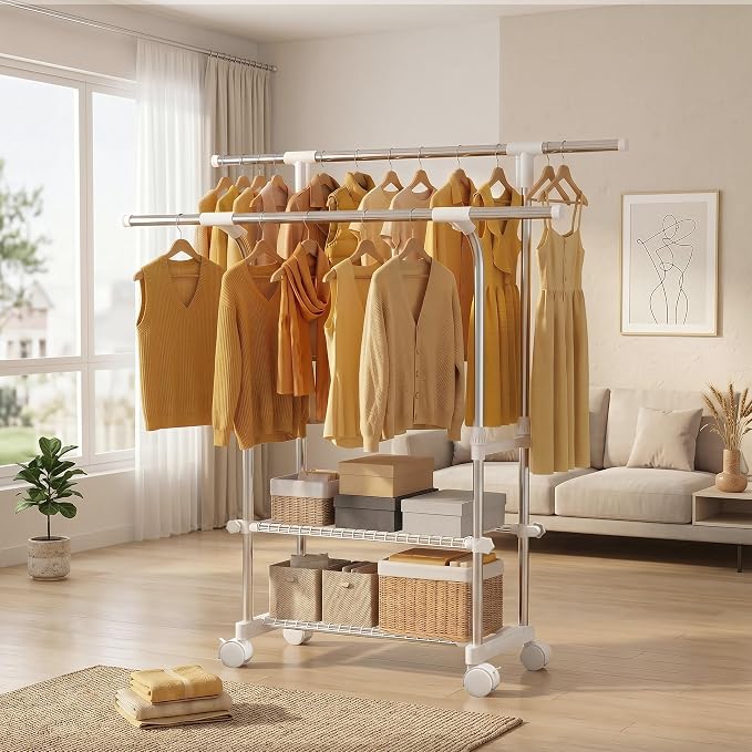 RORA Double Rod Clothes Rack, Clothing Rack with wheels, Extendable, Silver | Stainless Steel, Ideal for Bedroom & Laundry Room, Height-Adjustable, 2-Tier Shelves, Portable Garment Rack, Wardrobe Rack
