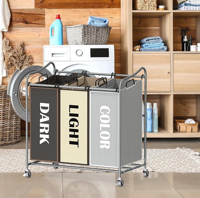 Simple Houseware Heavy Duty 3-Bag Laundry Sorter Rolling Cart, Assorted | Removable Bags and Lockable Wheels for Laundry Room Organization
