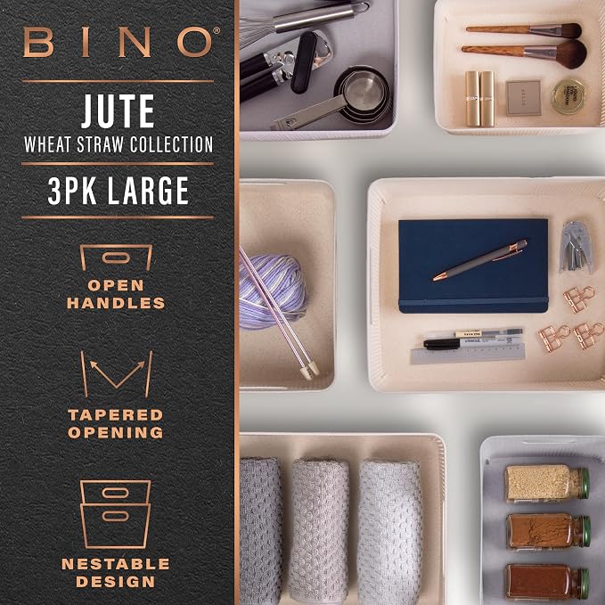 BINO | Woven Plastic Basket | Large (Natural Grey), 3-Pack | THE JUTE COLLECTION | Home Organization, Space - Saving Storage, Stylish Design | Jute Basket | Plastic Storage Basket