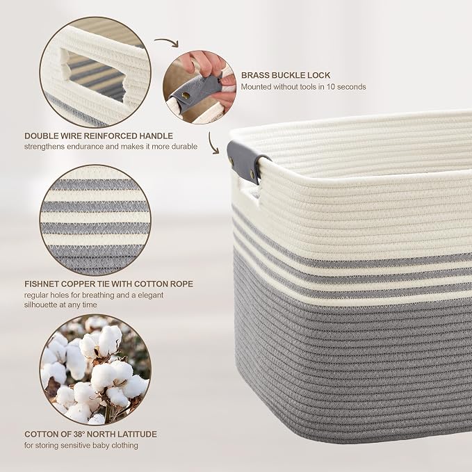 86L Large Woven Laundry Basket Hamper with Leather Handles,Grey | collapsible wicker hamper, storage for dirty clothes, toys, blankets, gifts, living room, bedroom, bathroom, 24"x16"x14"