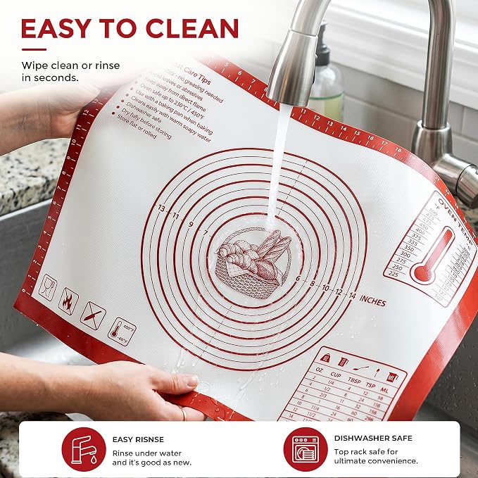 XL Silicone Pastry Mat for Baking, Extra Large 28x20 in, Non-Stick & Non-Slip Dough Mat for Rolling Out with Measurements, Bread, Pizza, Pie Crust, Cookies, Fondant,Oven Safe, Dishwasher Safe (Red)