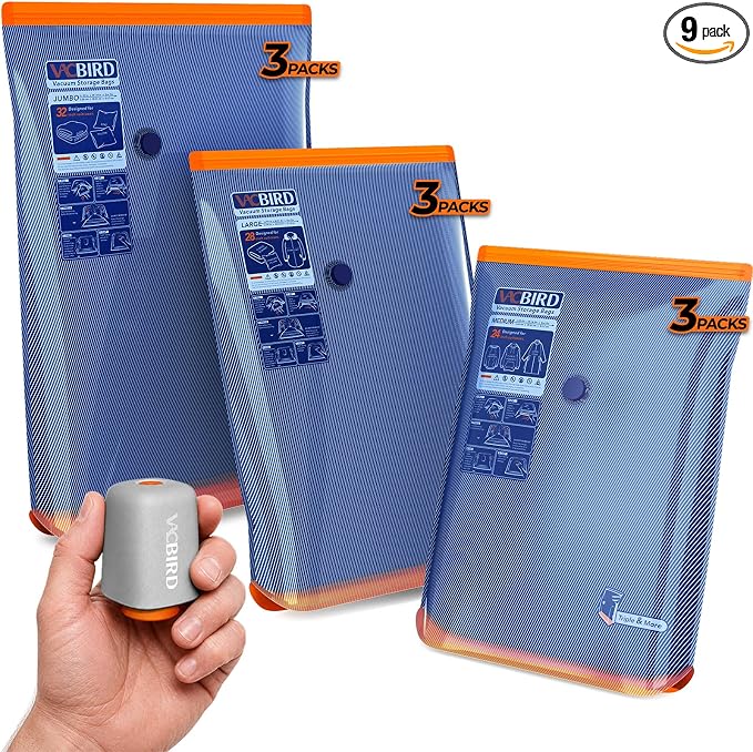 Vacbird Vacuum Storage Bags with Rechargeable Cordless Pump,9 Pack 3 Sizes Compression Packing Seal Bags, Space Saver for Clothes and Clothing Comforters, Blankets, Bedding and Closet Space Saving