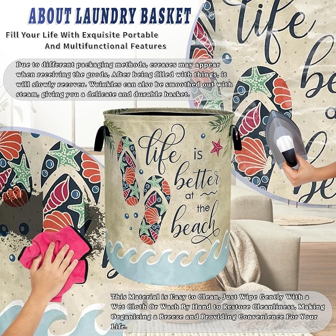 Funny Beach Laundry Basket Oxford Cloth Colorful Hawaii Laundry Hamper With Handle Foldable Portable Clothes Storage Basket Ocean Laundry Bag 18.9"x16.5" For Laundry Room/Bedroom/Bathrooms