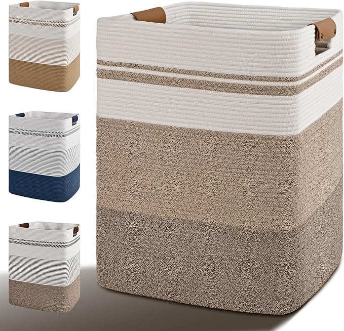 Laundry Hamper, 75L Tall Laundry Basket with Leather Handles, Rectangle Large Clothes Hamper for Organizing, Cotton Woven Laundry Baskets Storage Hampers for Bedroom, Nursery, Living Room