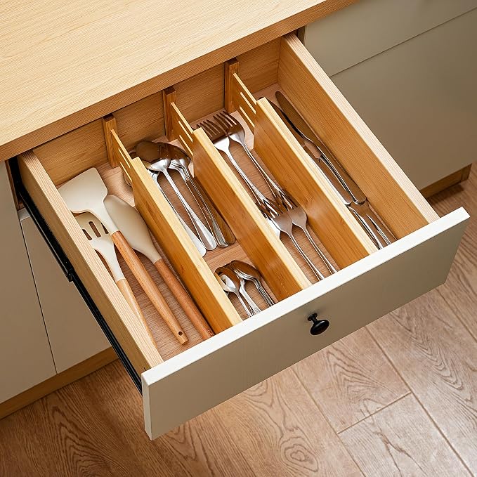 Fabsome Dresser Drawer Organizers 6 Pack, 4.65'' High Adjustable from 12.5-17‘’ Bamboo Drawer Dividers for Clothing Baby Clothes, Wooden Separators for Dresser Nursery Organization with Soft Foam Ends