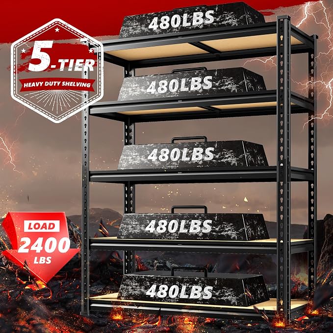 REIBII 5 Tier Garage Shelving for Pantry, Adjustable Storage Shelves | 35.5" W x 11.9" D x 72" H, Holds 2400 Lbs, 5 Reinforcing Ribs, Steel Frame with Powder Coat, Tool-Free Assembly, Freestanding