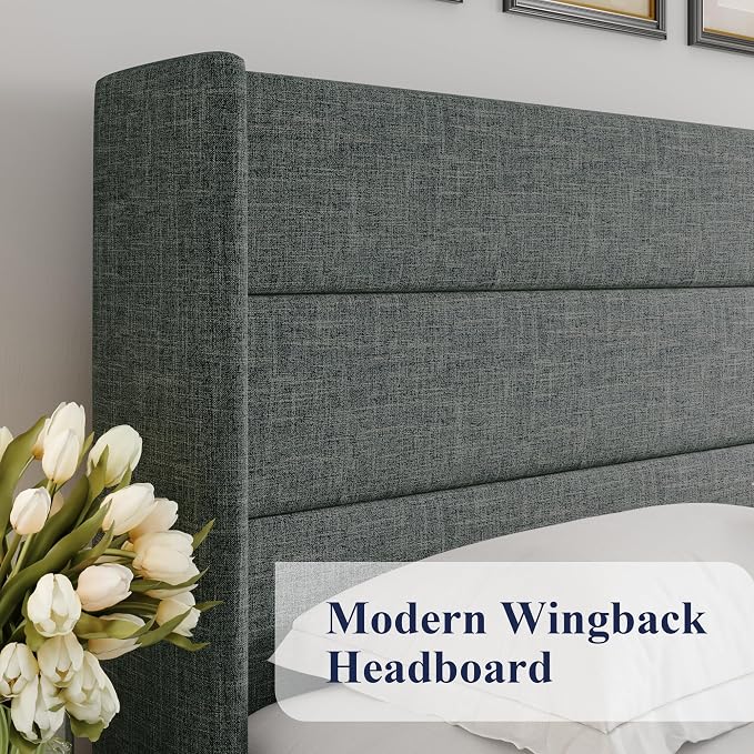 Allewie Full Size Lift Up Hydraulic Storage Bed Frame Dark Grey | Modern Wingback Headboard, Hydraulic Support Storage, No Box Spring Needed