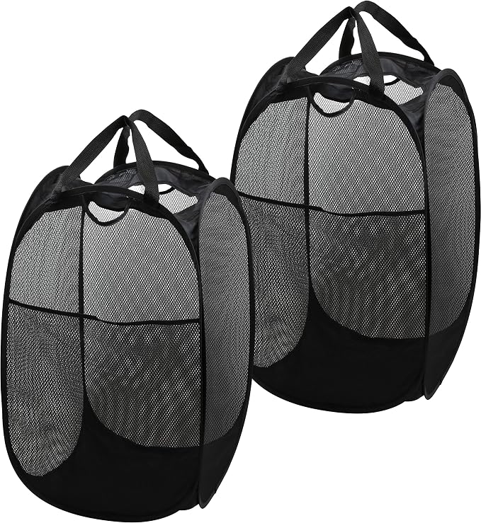 Simple Houseware Mesh Pop-Up Laundry Hamper with Side Pocket, 2 Pack, Black