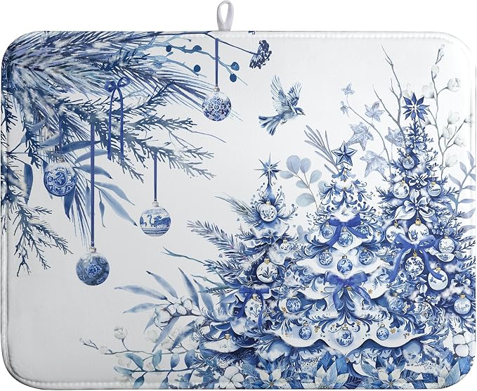 Christmas Tree Dish Drying Mat for Kitchen Counter 18x24 Inch Blue White Chinoiserie Winter Xmas Holiday Drying Mats Microfiber Absorbent Dish Draining Reusable Dish Drainer Pad