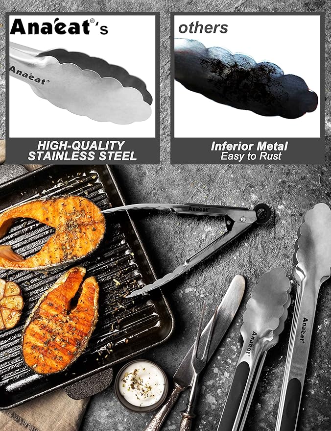 Anaeat Premium Stainless Steel Kitchen Tong, 9" Sturdy Coiled Spring Locking Food Tong with Non-Slip Silicone Grip for Cooking, Baking, Grilling, BBQ - Heat Resistant up to 480°F (Black)