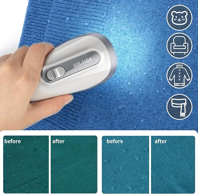 MR.SIGA Fabric Shaver and Lint Remover with 2 Replaceable 6-Leaf Blades | Battery operated portable lint shaver with LED lights, sweater defuzzer for clothes, couch