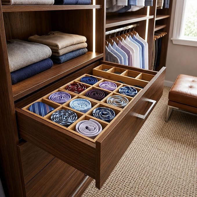 Closet Drawer Organizer Divider - 2 Pack Bamboo Holders Organizers | for Clothes Storing Ties, Handkerchiefs, Socks Organizers
