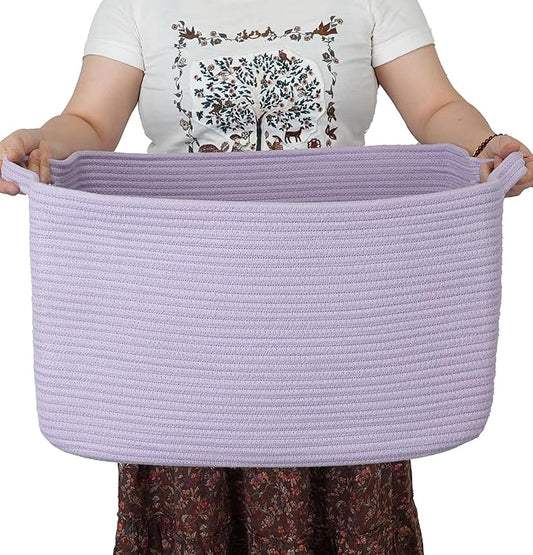 XUANGUO Large Woven Cotton Rope Blanket Basket 22"x17"x12" Lavender Purple | Storage basket for nursery and living room; toy basket for kids, laundry basket for clothes and towels, or gift basket.