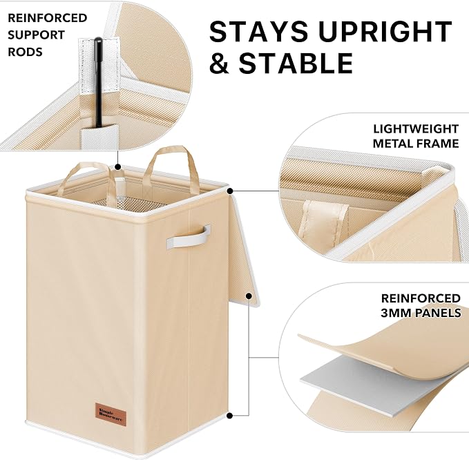 Simple Houseware Foldable Laundry Hamper Basket with Lid and Bag, Beige | Heavy Duty 600D Polyester, Water-Resistant Surface