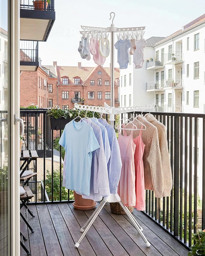 Foldable Clothes Drying Rack, 2 Tier Portable Laundry Drying Rack | 67" Drying Rack, Rotating Clothes Rail with 24 Clips and 3 Rotatable Arms, Flats, Small Rooms, Dorm