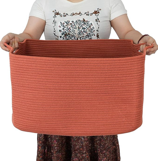 XUANGUO Large Rectangle Woven Cotton Rope Blanket Basket 22"x17"x12" Rustic | Storage basket for nursery and living room; toy basket for kids, dog toy storage, or laundry basket for clothes and towels.