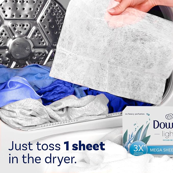 Downy Light Mega Dryer Sheets, Fabric Softener Dryer Sheets, Ocean Mist, 180 Count
