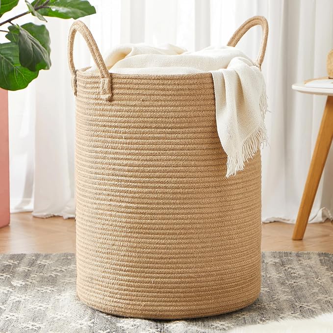 Jute Woven Hamper Laundry Basket Tall Wicker Hamper 60L Large | Rope Clothes Hamper Rattan Blanket Basket in Living Room Bedroom Baby Kids Hamper 15Dx20H Inches