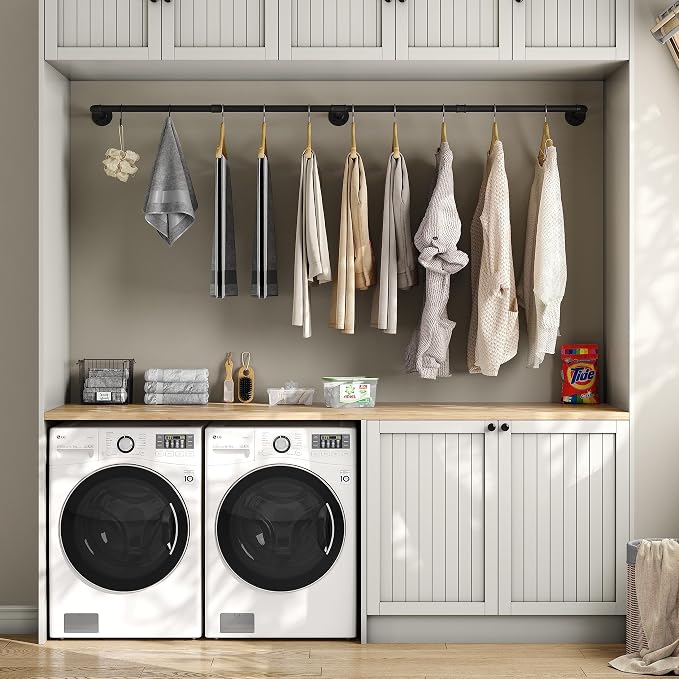 Industrial Pipe Clothes Rack with 3 S-shaped Hooks, 72’'L Wall Mounted Garment Rack, Heavy Duty Iron Garment Bar, Clothes Hanging Rod Bar for Laundry Room, Max Load 135Lb Black (2 Package)