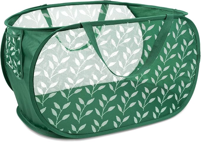 Durable Collapsible Laundry Baskets, Foldable Laundry Basket with Handy Pocket, Mesh Pop Up Clothes Hamper with Reinforced Carry Handles for Laundry, Bathroom, Kids Room, Travel -Leaf Print, Green