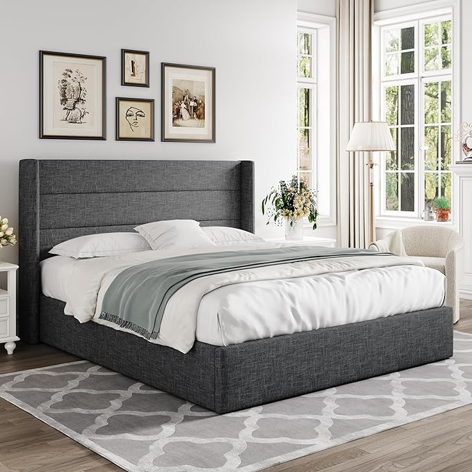 Allewie Full Size Lift Up Hydraulic Storage Bed Frame Dark Grey | Modern Wingback Headboard, Hydraulic Support Storage, No Box Spring Needed