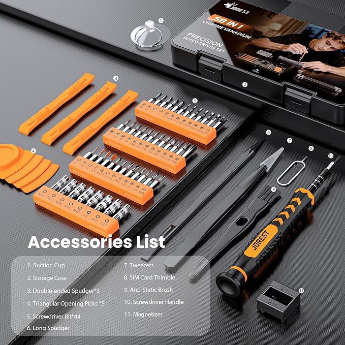 JOREST 59Pcs Small Precision Screwdriver Set with Torx T5, T6, T8, Mini Repair Tool Kit for Macbook, Computer, Laptop, iPhone, PS4 PS5, Xbox, Switch, Eyeglasses, Watch, PC, Ring Doorbell, Electronic