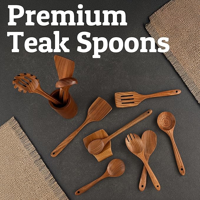 PriorityChef Wooden Spoons for Cooking, Premium 8pc Teak Wood Utensil Set with Hanging Hooks