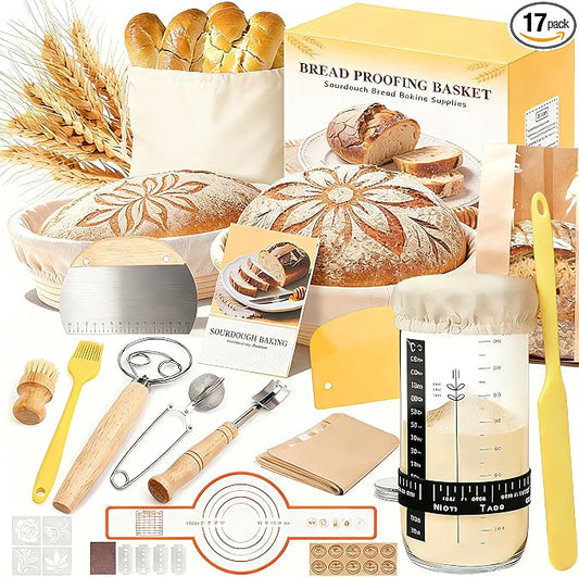 Sourdough Starter Kit, Sourdough Bread Baking Supplies, Round & Oval Banneton Bread Proofing Basket, Bread Sling, Starter Jar, Dough Whisk, Scrapers, Stencils & Bag, Complete Sourdough Kit Gifts