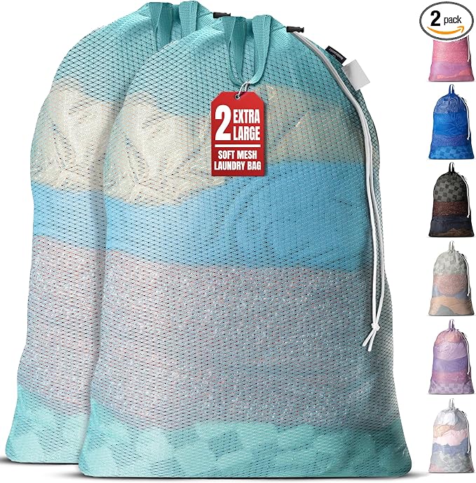 Handy Laundry Mesh XL Laundry Bag 24"x36" 2-Pack with Shoulder Strap, Teal | 2-Pack, XL 24x36 Mesh Laundry Bag, Handles & Shoulder Strap, Breathable, Machine Washable, Dorm Travel Bedding, Teal