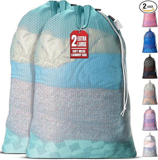 Handy Laundry Mesh XL Laundry Bag 24"x36" 2-Pack with Shoulder Strap, Teal | 2-Pack, XL 24x36 Mesh Laundry Bag, Handles & Shoulder Strap, Breathable, Machine Washable, Dorm Travel Bedding, Teal