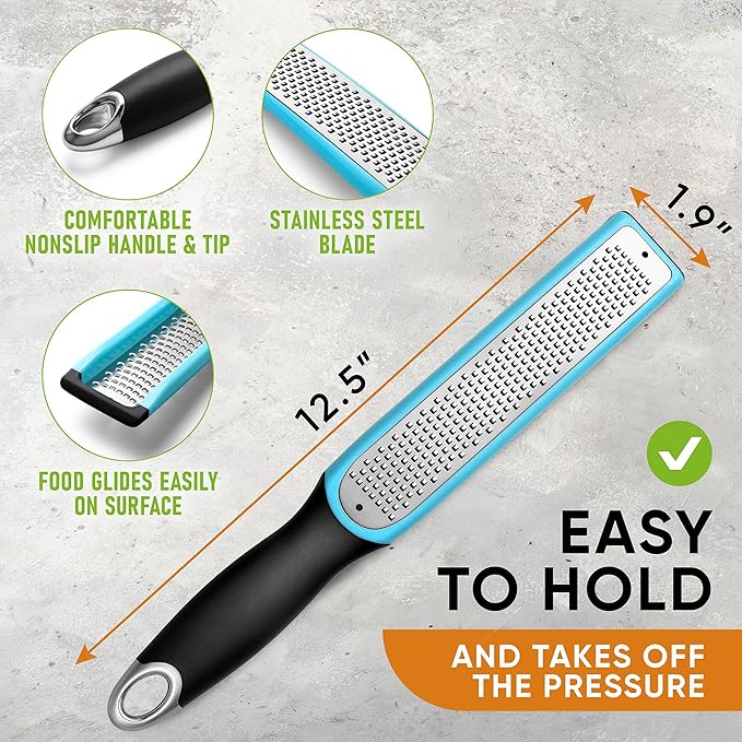 Spring Chef Premium Lemon Zester Grater with Handle - Fruits, Garlic, Chocolate, Ginger Grater - Heavy Duty Kitchen Tool - Stainless Steel Citrus Zester with Blade Cover - Fine Shred - Aqua Sky