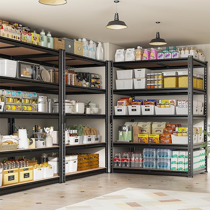 REIBII 2400LBS Storage Shelves 5 Tier Garage Shelving Heavy Duty, Adjustable Metal Shelving, Garage Shelves for Basement, Warehouse, Pantry, Closet, Kitchen 72" H x 36" W x 16" D, Black, 4 Pack