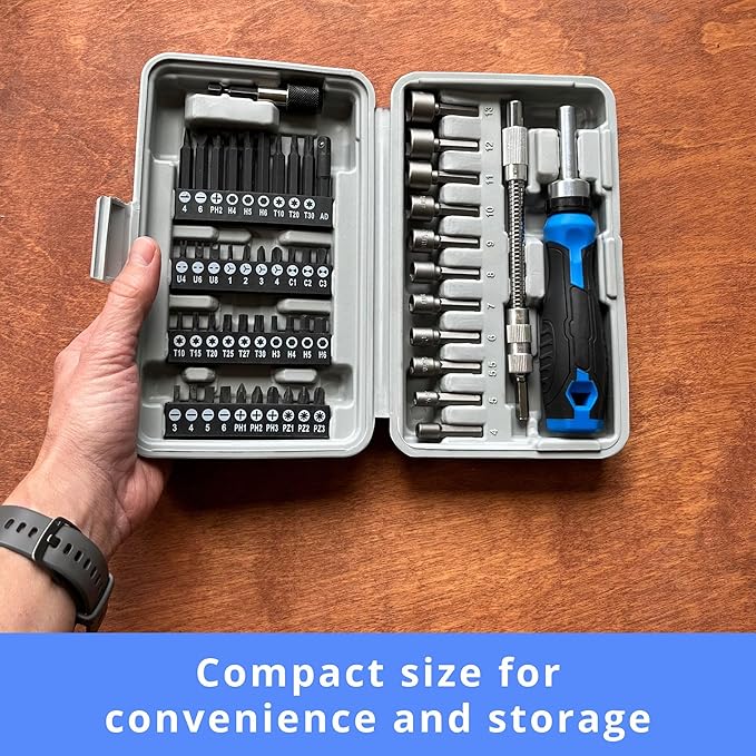 Apollo Tools 54-Piece Screwdriver & Nut Driver Bit Set – Ratcheting Handle, Flexible Extension, Metric Nut Drivers, Specialty Bits for Household, Automotive, & Appliance Repairs, Blue/Gray DT9025