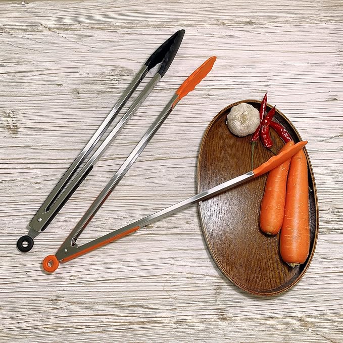 18 inch Extra Long Grill Tongs (1 orange + 1 blue), with Silicone Tip Head, Stainless Steel Barbecue Tongs with Long Handle, Large Sized Food Tong, Extended Serving Tong
