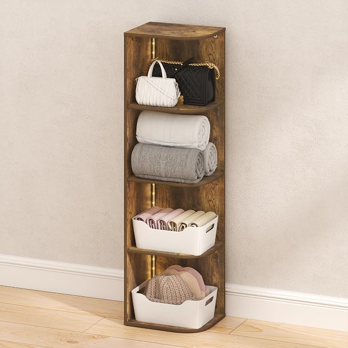 Furinno PASIR Corner Closet Organizer with LED Lights, 4-Tier, Amber Pine | 9.3 x 12 x 41.4, LED Closet Organizers and Storage, Open Shelves Closet Storage for Wardrobe, Bedroom, Entryway